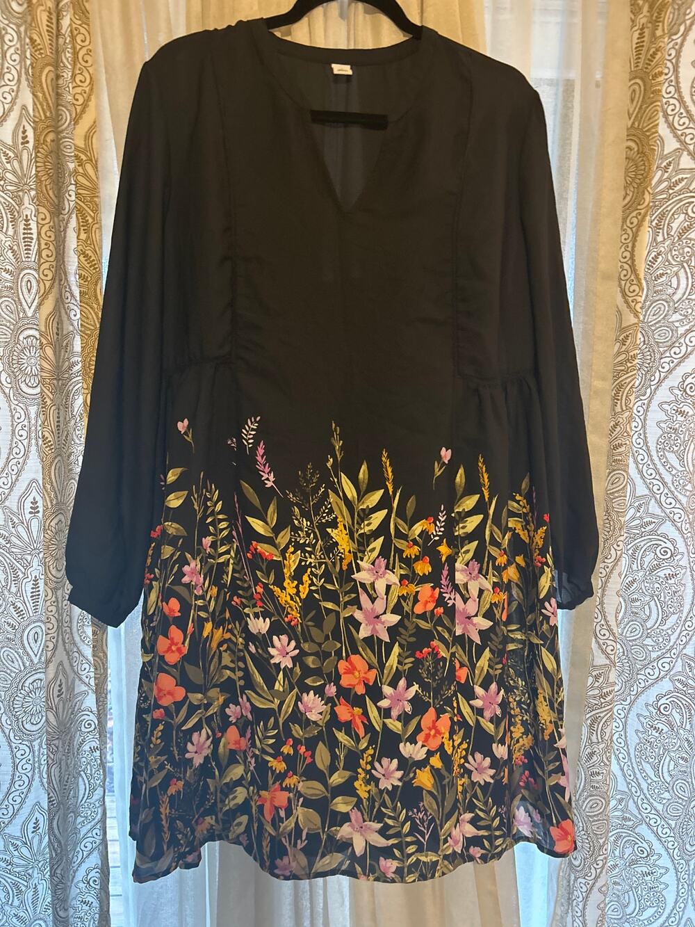 Old Navy Sheer Black Floral Lined Boho Dress Large